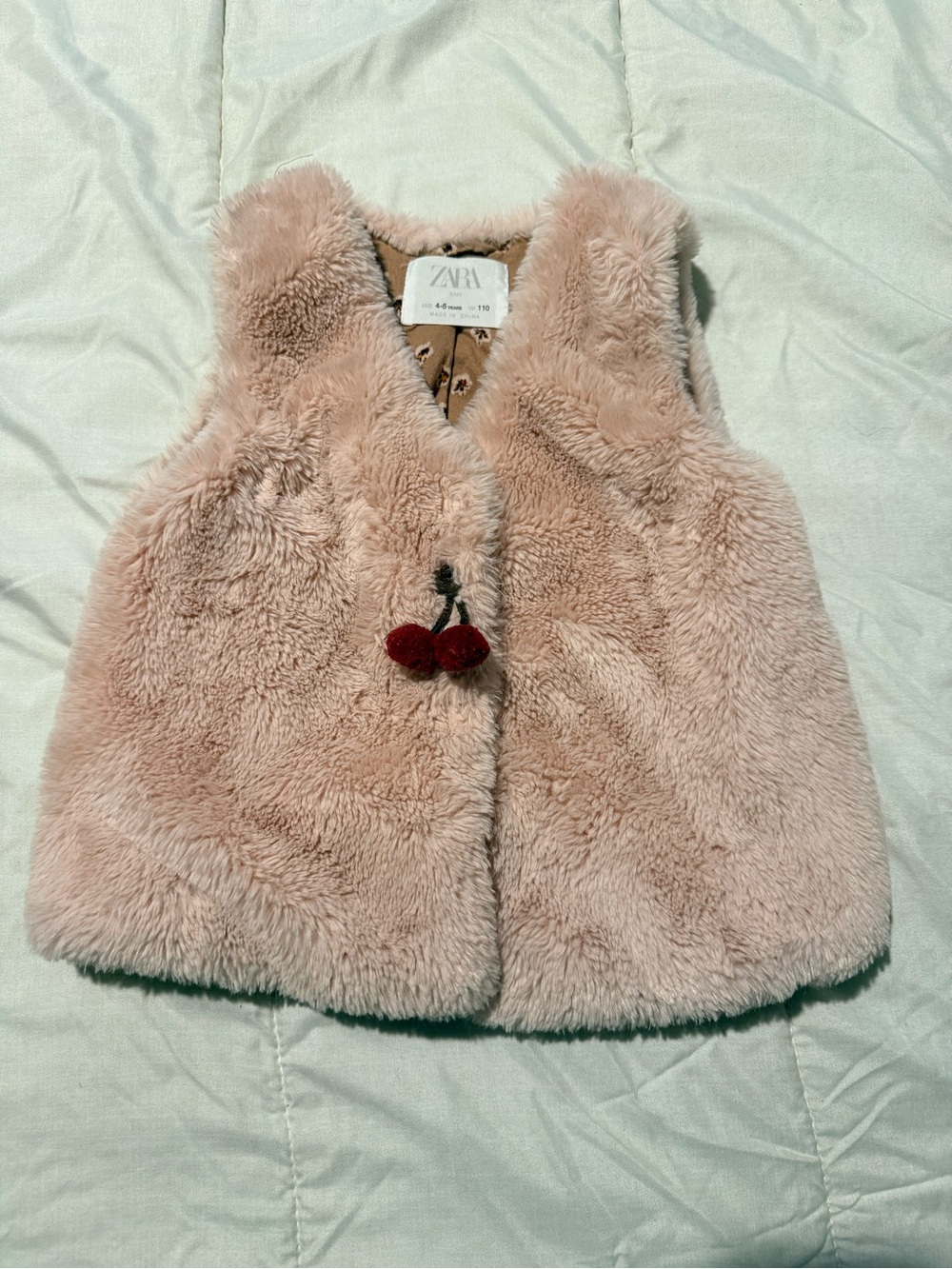 ZARA Kids Plush Blush Pink Faux-Fur Vest with Cherry Accent